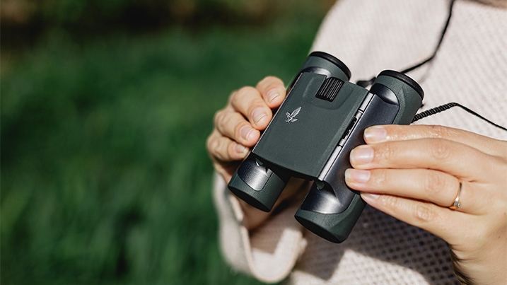 Binoculars being held in a person's hands